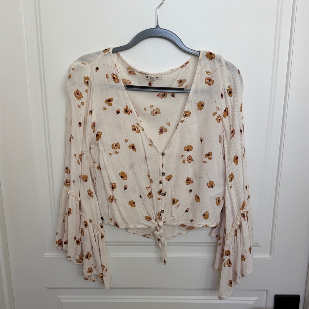 Billabong Cream Floral Tie-Front V-Neck Blouse